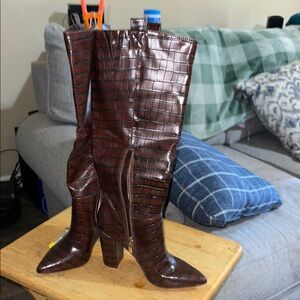 JustFab Brown Heeled Boots with Croc Texture